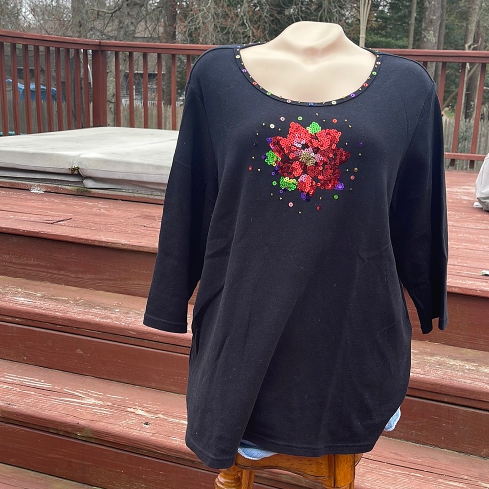 Quacker Factory Size 1X Black Shirt w/ Embellishments 3/4 sleeve-